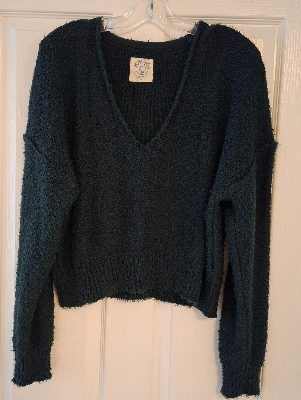 Free People Theo, Dark Green, V-Neck Textured Sweater, Size Medium.
